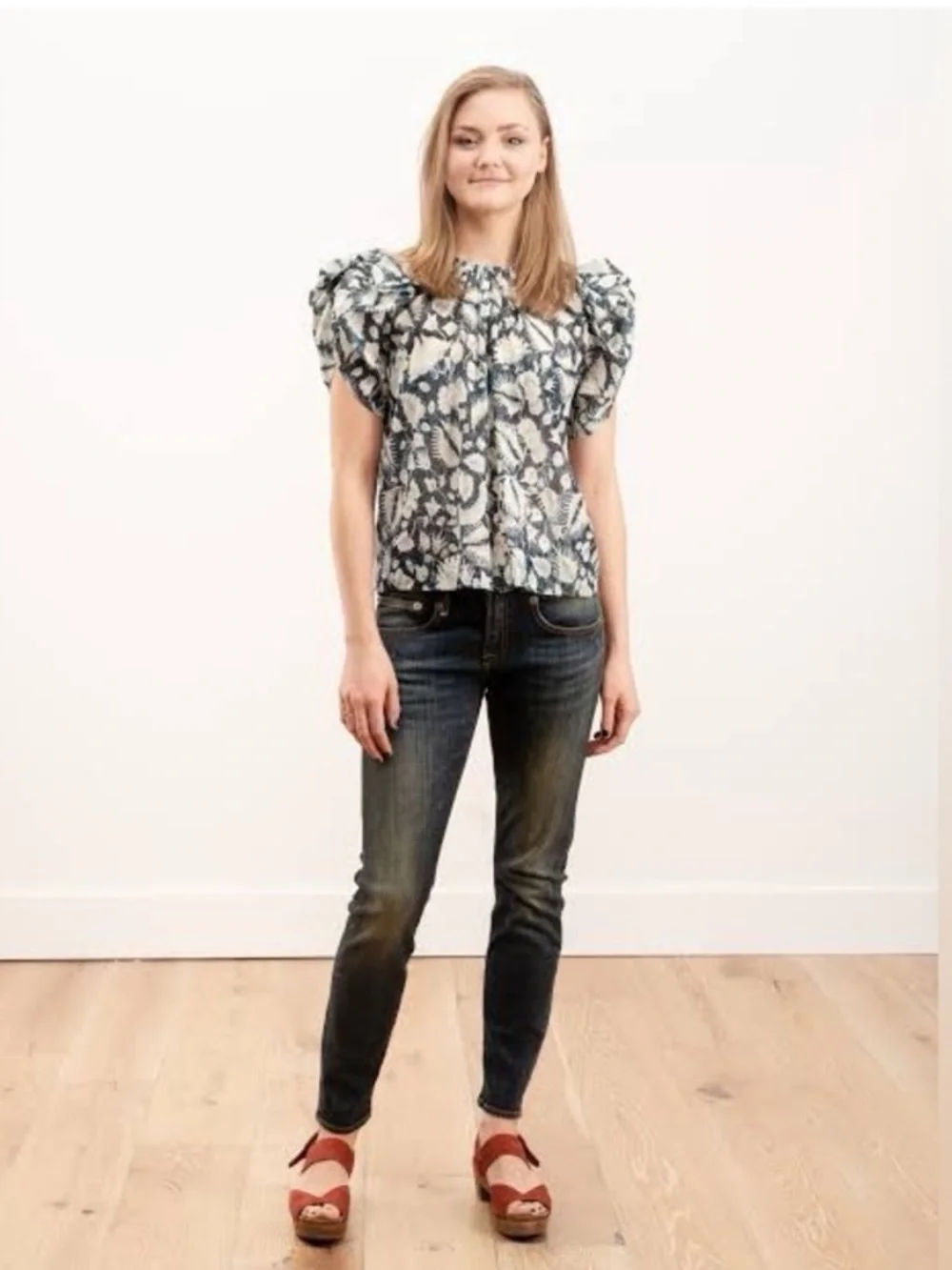 Ulla Johnson‎ Nova Top Indigo Batik Floral Metallic Puff Sleeve Blouse Size 0